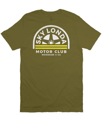 "Sky Londa Motor Club" woodside wheel logo printed on chest of heather short sleeve t-shirt