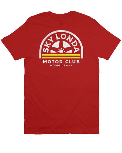 "Sky Londa Motor Club" woodside wheel logo printed on chest of heather short sleeve t-shirt