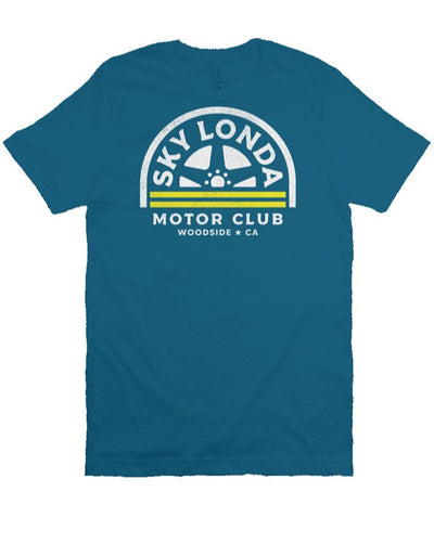 "Sky Londa Motor Club" woodside wheel logo printed on chest of heather short sleeve t-shirt