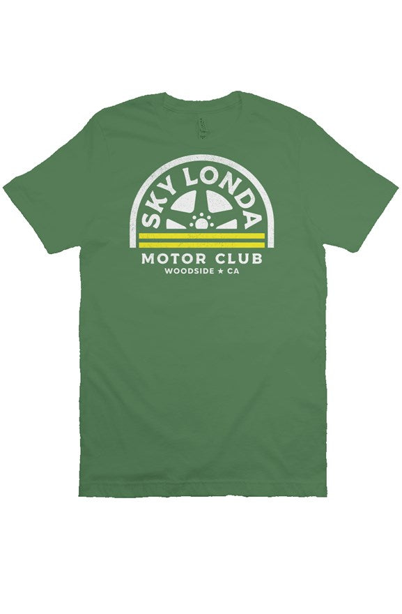 "Sky Londa Motor Club" woodside wheel logo printed on chest of heather short sleeve t-shirt