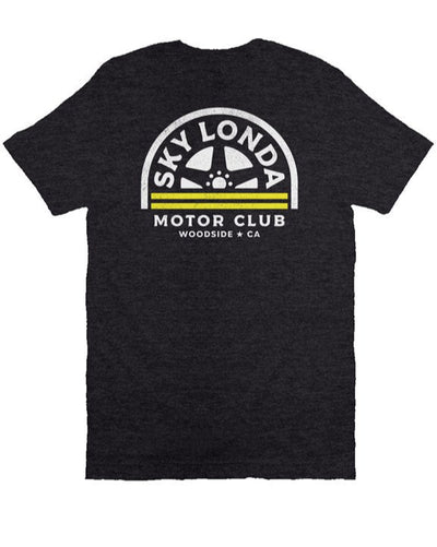 "Sky Londa Motor Club" woodside wheel logo printed on chest of heather short sleeve t-shirt