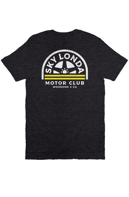 "Sky Londa Motor Club" woodside wheel logo printed on chest of heather short sleeve t-shirt