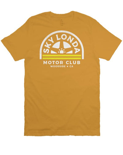 "Sky Londa Motor Club" woodside wheel logo printed on chest of heather short sleeve t-shirt