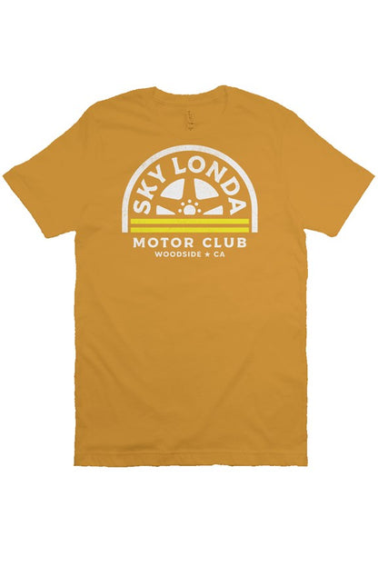 "Sky Londa Motor Club" woodside wheel logo printed on chest of heather short sleeve t-shirt