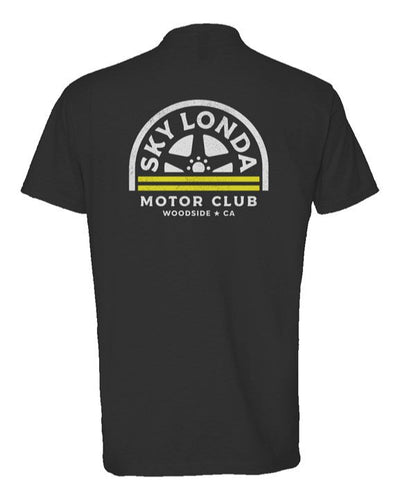 "Sky Londa Motor Club" woodside wheel logo printed on back of heather short sleeve t-shirt
