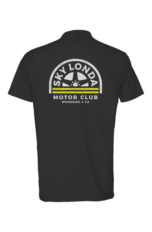 "Sky Londa Motor Club" woodside wheel logo printed on back of heather short sleeve t-shirt