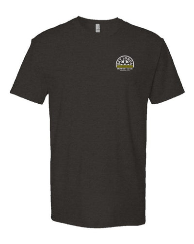 "Sky Londa Motor Club" woodside wheel logo printed on chest of heather short sleeve t-shirt