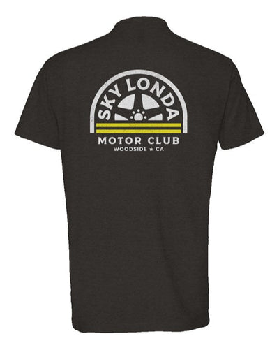 "Sky Londa Motor Club" woodside wheel logo printed on back of heather short sleeve t-shirt