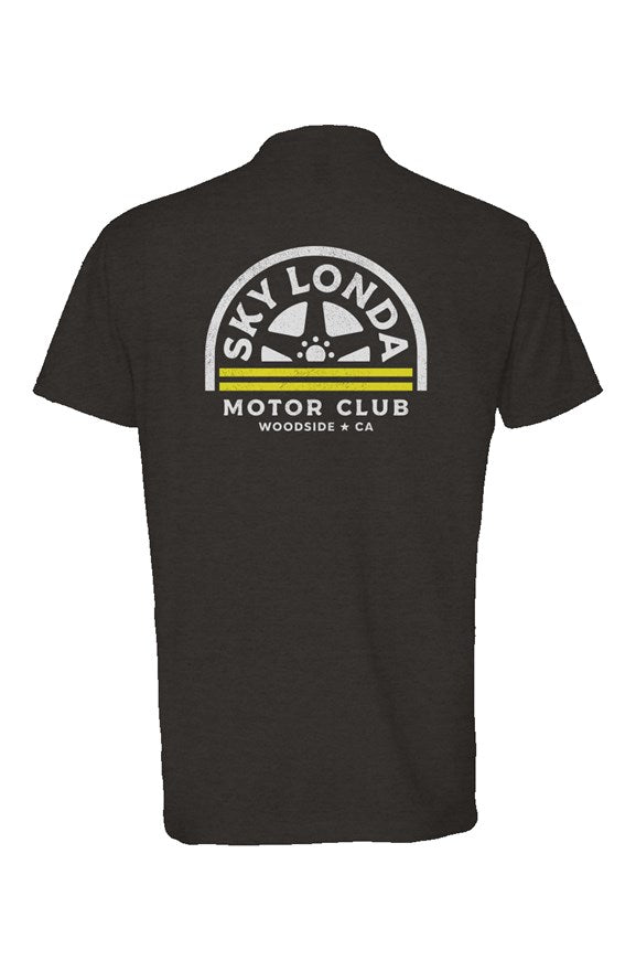 "Sky Londa Motor Club" woodside wheel logo printed on back of heather short sleeve t-shirt