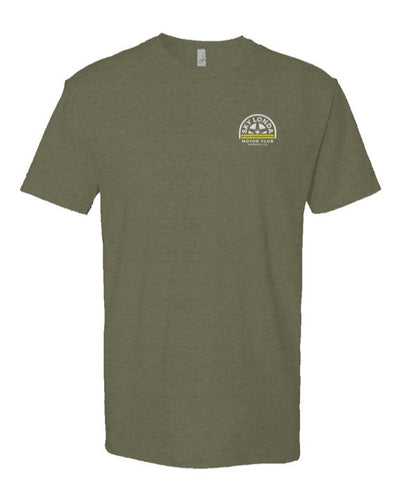 "Sky Londa Motor Club" woodside wheel logo printed on front of heather short sleeve t-shirt