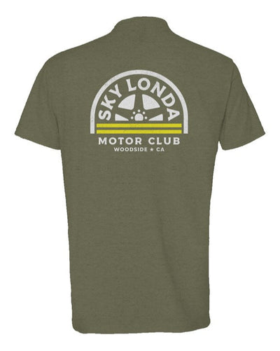 "Sky Londa Motor Club" woodside wheel logo printed on back of heather short sleeve t-shirt