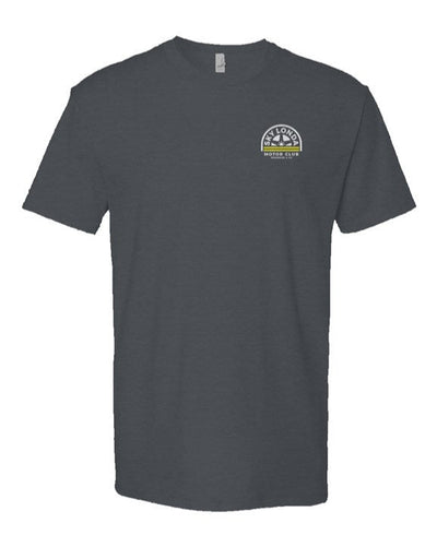"Sky Londa Motor Club" woodside wheel logo printed on front of heather short sleeve t-shirt