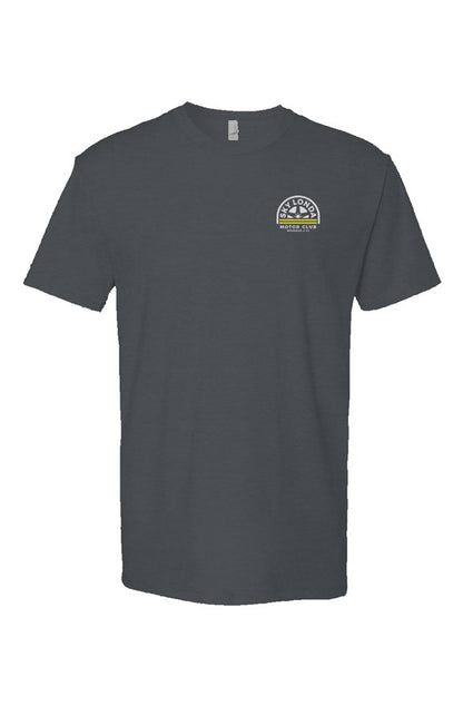 "Sky Londa Motor Club" woodside wheel logo printed on front of heather short sleeve t-shirt