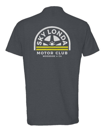 "Sky Londa Motor Club" woodside wheel logo printed on back of heather short sleeve t-shirt