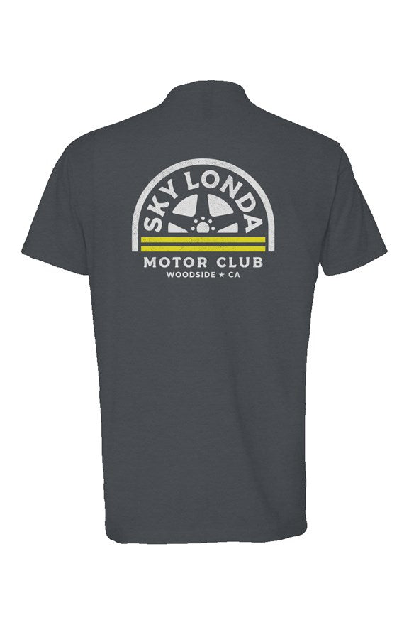 "Sky Londa Motor Club" woodside wheel logo printed on back of heather short sleeve t-shirt