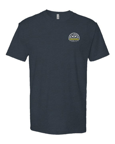 "Sky Londa Motor Club" woodside wheel logo printed on chest of heather short sleeve t-shirt