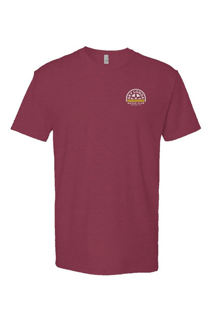 "Sky Londa Motor Club" woodside wheel logo printed on chest of heather short sleeve t-shirt