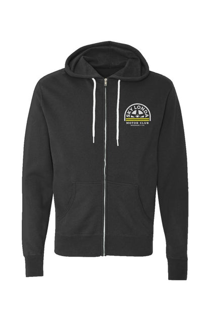 "Sky Londa Motor Club" woodside wheel logo printed on left chest of Unisex Lightweight Full-Zip Hoodie