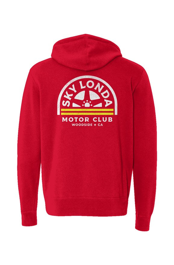 "Sky Londa Motor Club" woodside wheel logo printed on back of Unisex Lightweight Full-Zip Hoodie