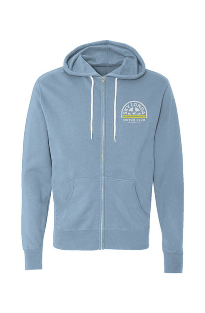 "Sky Londa Motor Club" woodside wheel logo printed on left chest of Unisex Lightweight Full-Zip Hoodie