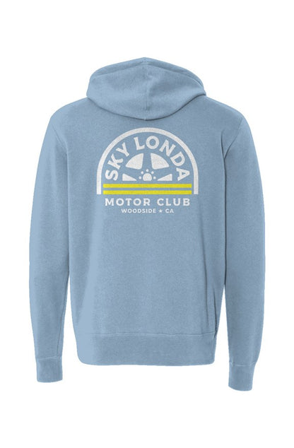 "Sky Londa Motor Club" woodside wheel logo printed on back of Unisex Lightweight Full-Zip Hoodie