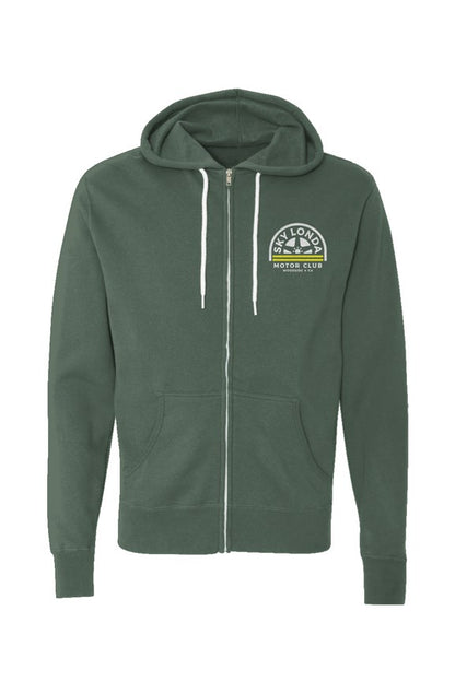 "Sky Londa Motor Club" woodside wheel logo printed on left chest of Unisex Lightweight Full-Zip Hoodie