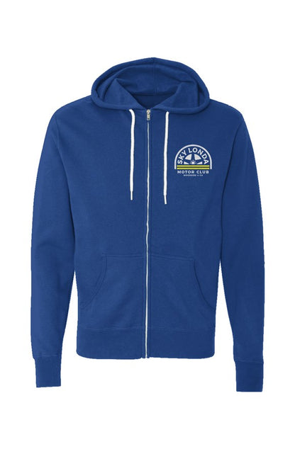 "Sky Londa Motor Club" woodside wheel logo printed on left chest of Unisex Lightweight Full-Zip Hoodie