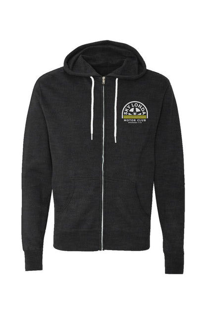 "Sky Londa Motor Club" woodside wheel logo printed on left chest of Unisex Lightweight Full-Zip Hoodie