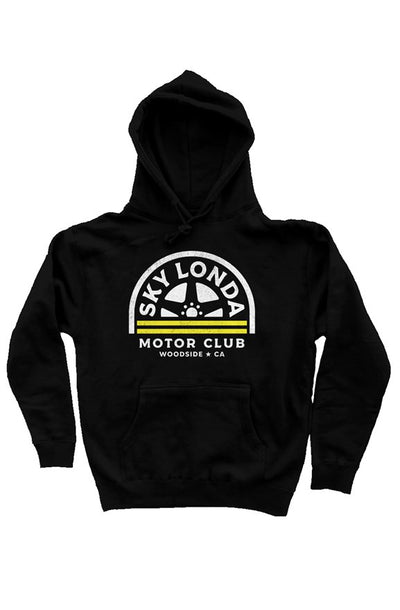"Sky Londa Motor Club" woodside wheel logo printed on chest of premium hooded sweatshirt