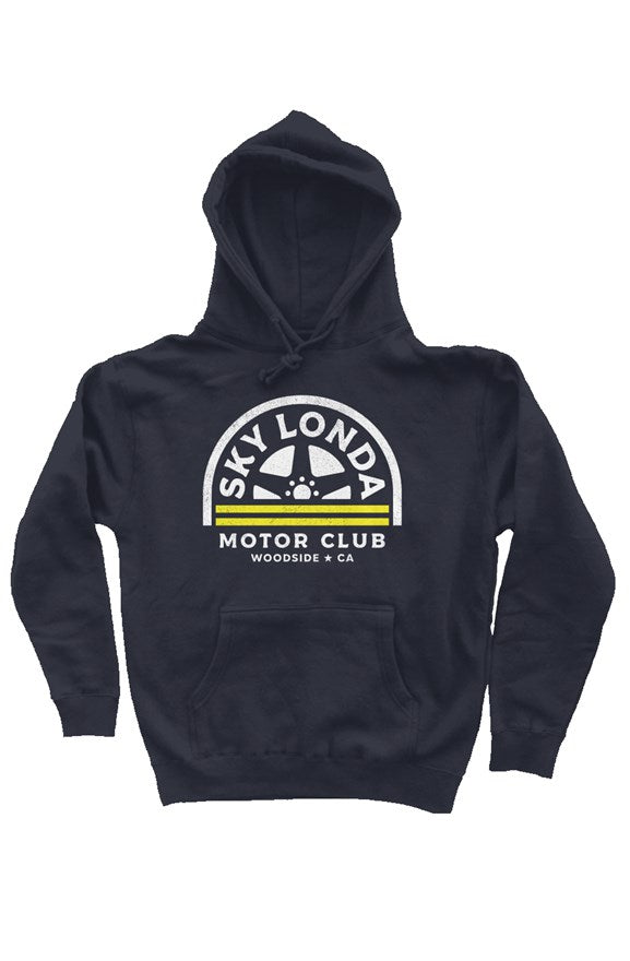 "Sky Londa Motor Club" woodside wheel logo printed on chest of premium hooded sweatshirt