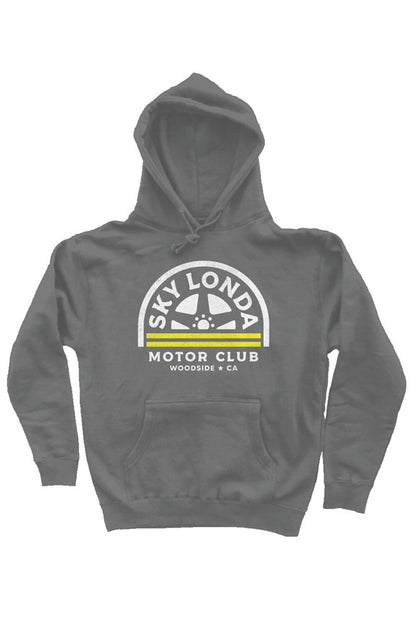 "Sky Londa Motor Club" woodside wheel logo printed on chest of premium hooded sweatshirt