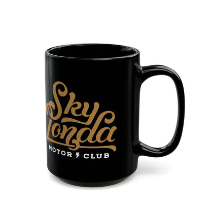 sky londa motor club logo black ceramic coffee mug, woodside, california, alice's restaurant