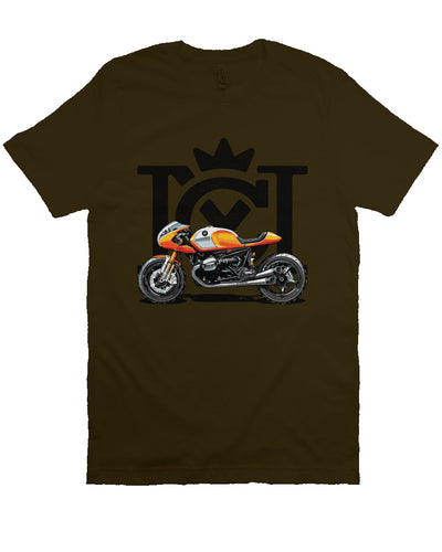 Crown Moto Cafe Racer design on front of unisex short sleeve t-shirt