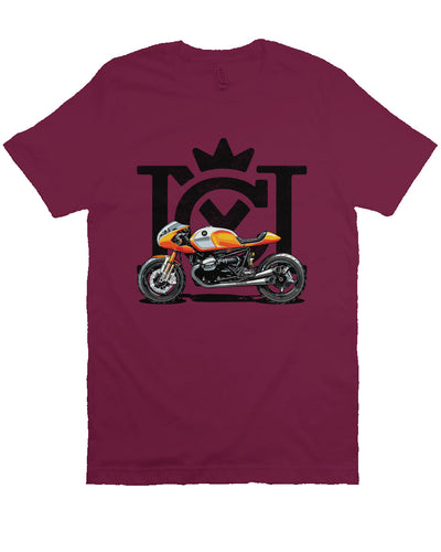 Crown Moto Cafe Racer design on front of unisex short sleeve t-shirt