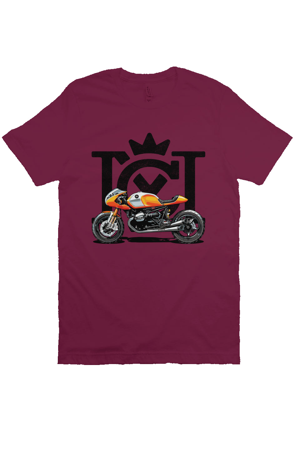 Crown Moto Cafe Racer design on front of unisex short sleeve t-shirt