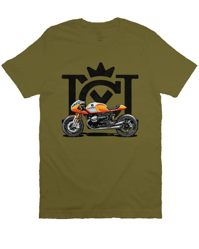 Crown Moto Cafe Racer design on front of unisex short sleeve t-shirt