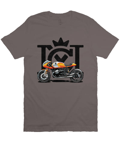 Crown Moto Cafe Racer design on front of unisex short sleeve t-shirt