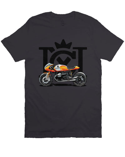 Crown Moto Cafe Racer design on front of unisex short sleeve t-shirt