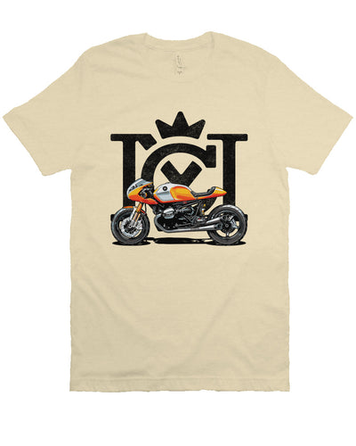 Crown Moto Cafe Racer design on front of unisex short sleeve t-shirt