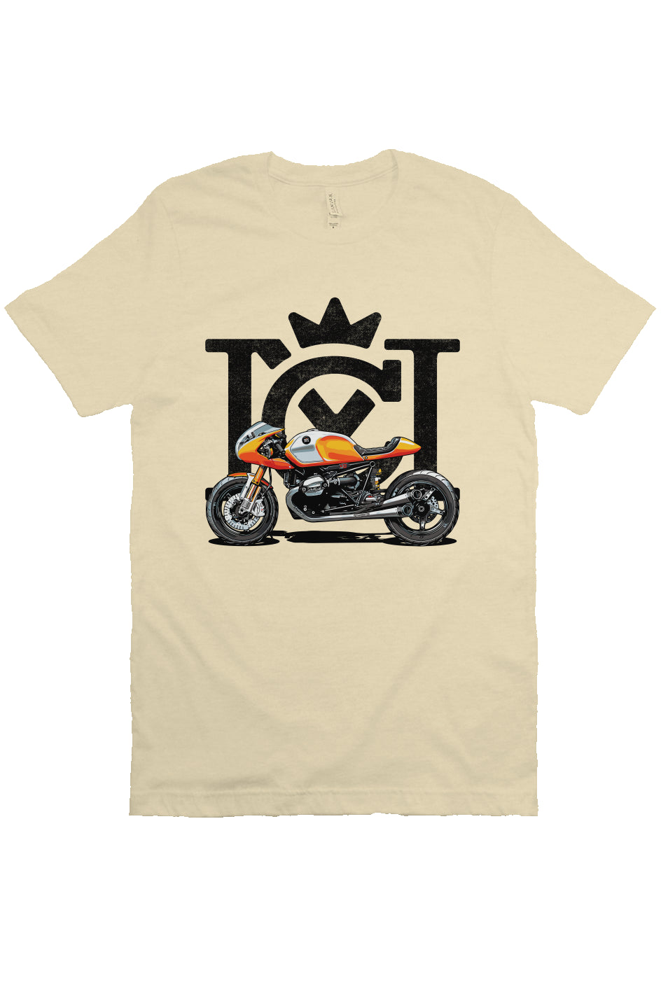 Crown Moto Cafe Racer design on front of unisex short sleeve t-shirt