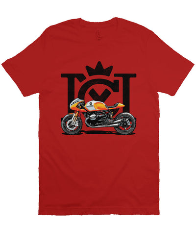 Crown Moto Cafe Racer design on front of unisex short sleeve t-shirt