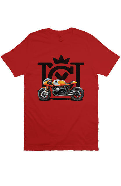 Crown Moto Cafe Racer design on front of unisex short sleeve t-shirt