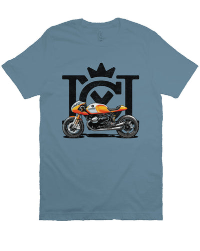 Crown Moto Cafe Racer design on front of unisex short sleeve t-shirt