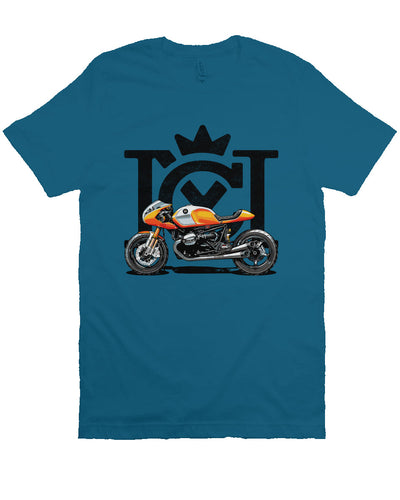 Crown Moto Cafe Racer design on front of unisex short sleeve t-shirt