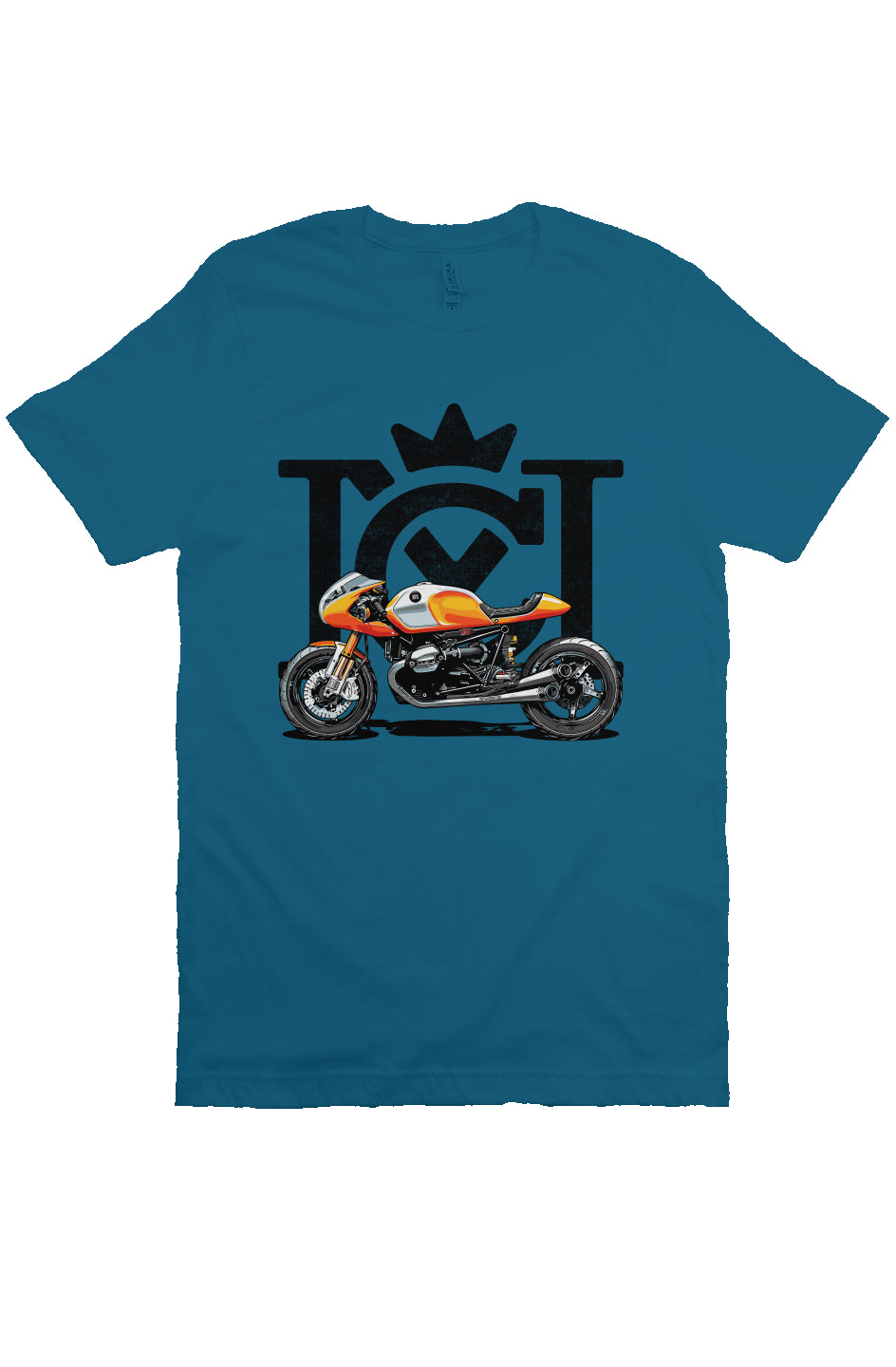 Crown Moto Cafe Racer design on front of unisex short sleeve t-shirt