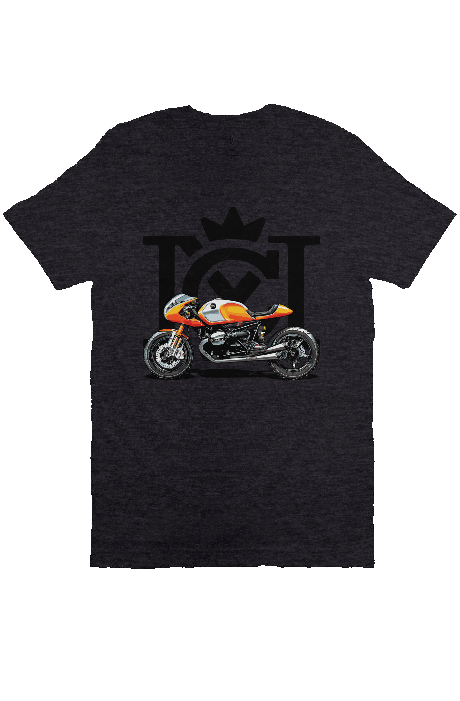 Crown Moto Cafe Racer design on front of unisex short sleeve t-shirt