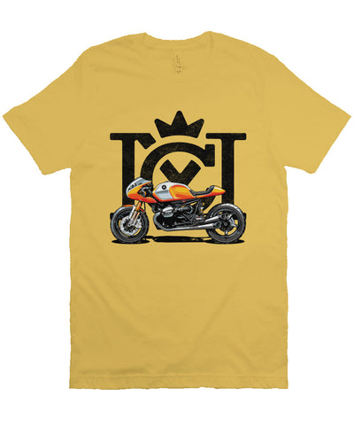 Crown Moto Cafe Racer design on front of unisex short sleeve t-shirt