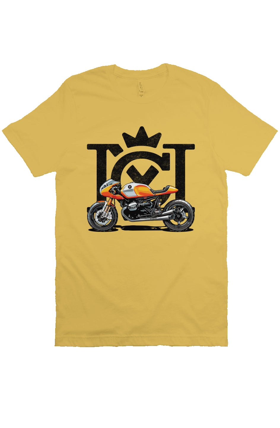 Crown Moto Cafe Racer design on front of unisex short sleeve t-shirt