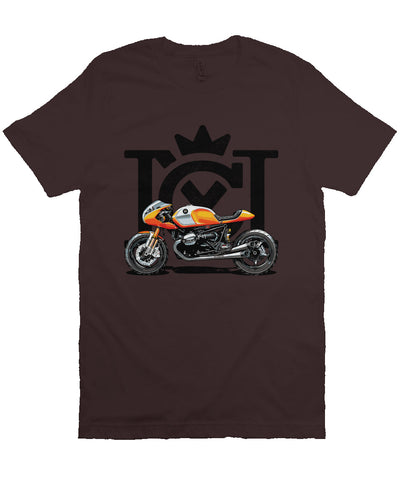 Crown Moto Cafe Racer design on front of unisex short sleeve t-shirt