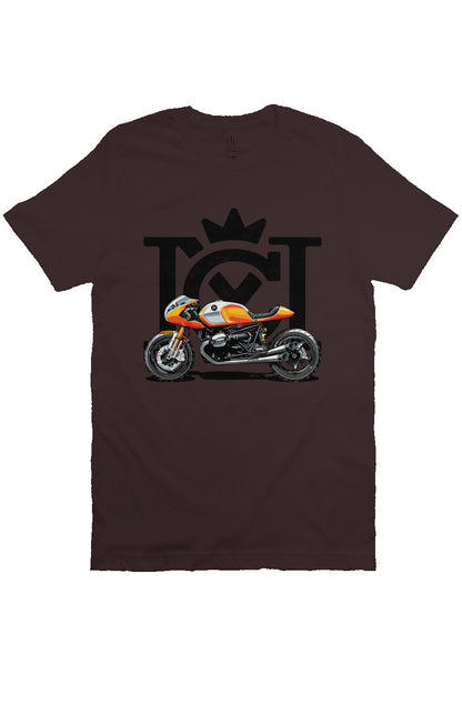 Crown Moto Cafe Racer design on front of unisex short sleeve t-shirt